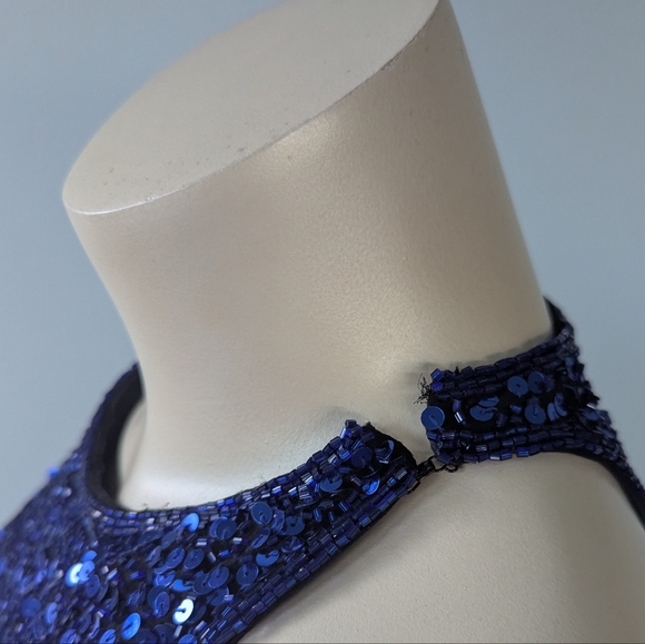 Vintage Oleg Cassini Neiman Marcus Blue Sequin Beaded Silk Cocktail Dress - Picture 9 of 12